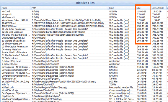 Big Size Files List in the File Viewer